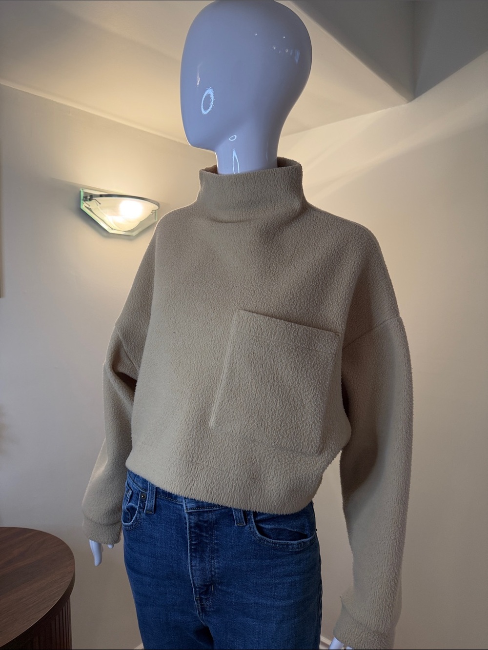 OAK + FORT Beige Fleece Mock Neck Oversized Pocket Pullover Small